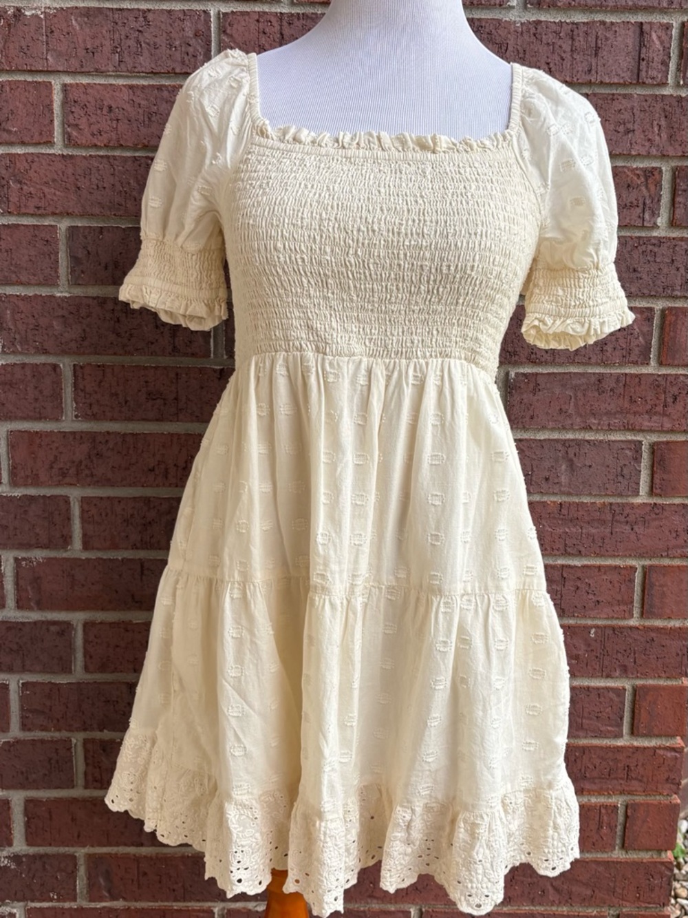 American Eagle Outfitters Cream Smocked Puff-Sleeve Mini Dress